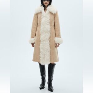 MANGO Faux Suede Mongolian Fur Coat NWT